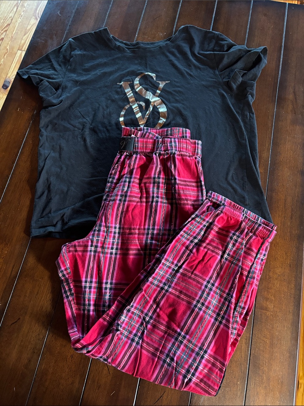 Victoria's Secret Black Logo Tee with Red Plaid Pajama Set